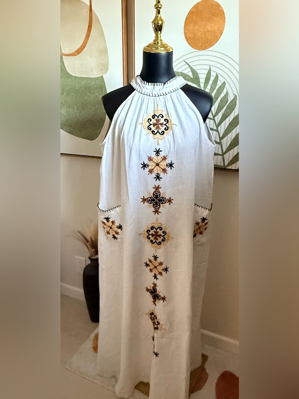 Solitaire White Embroidered Pocketed Maxi Dress with Tan and Black Accents - Picture 3 of 7